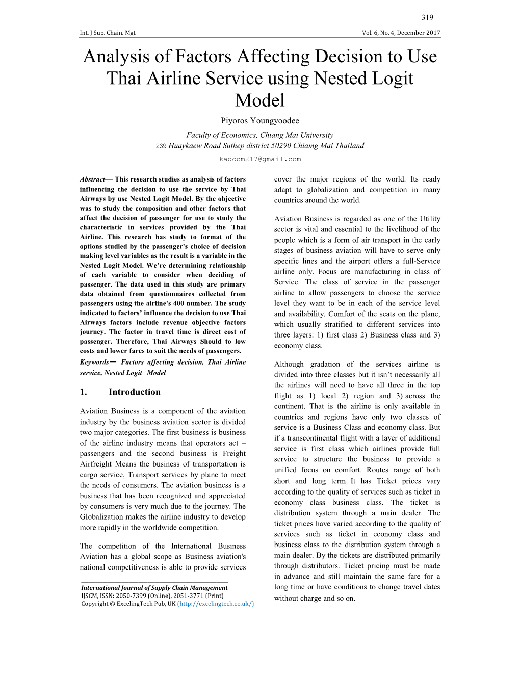 Analysis of Factors Affecting Decision to Use Thai Airline Service Using