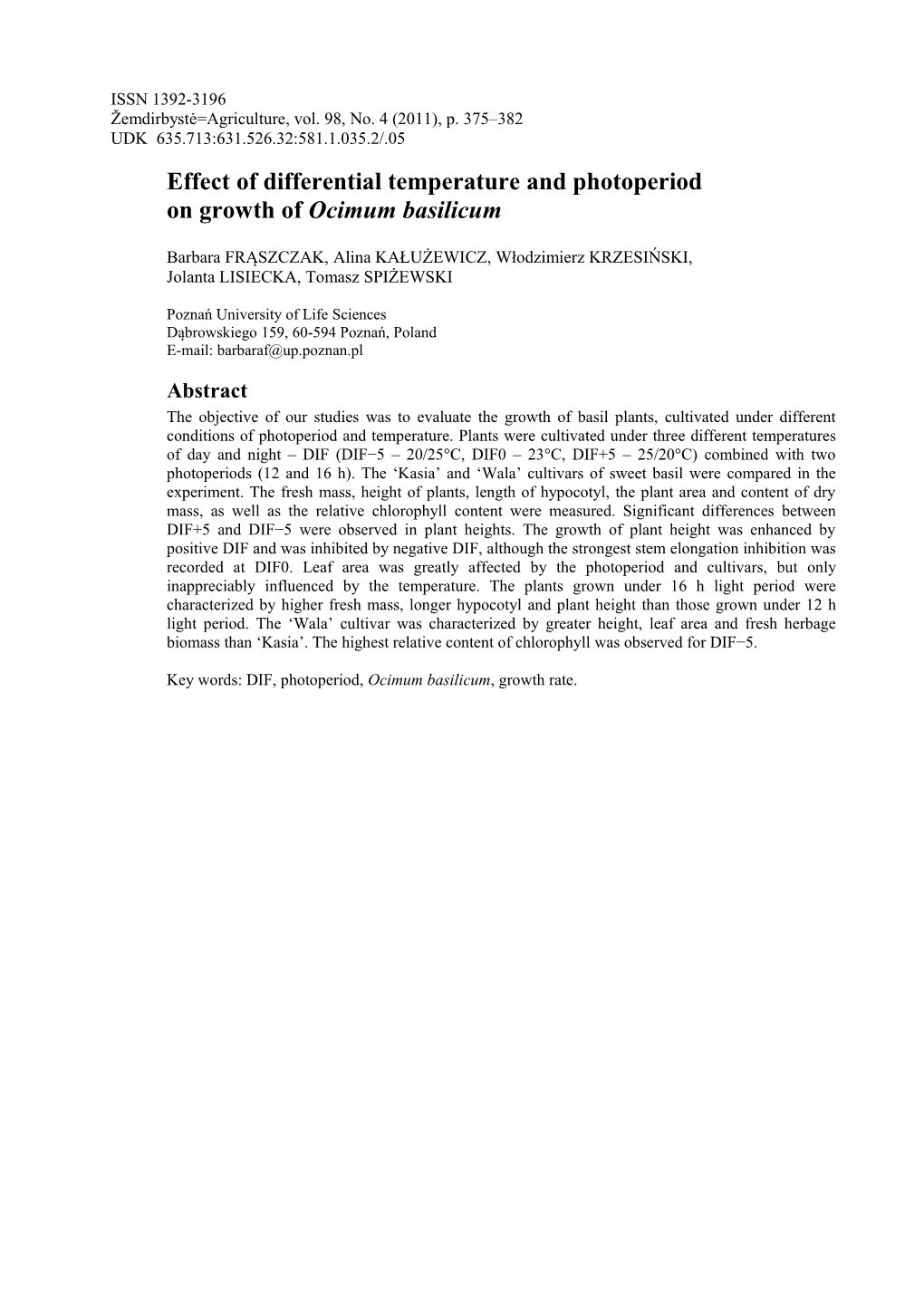 Effect of Differential Temperature and Photoperiod on Growth of Ocimum Basilicum