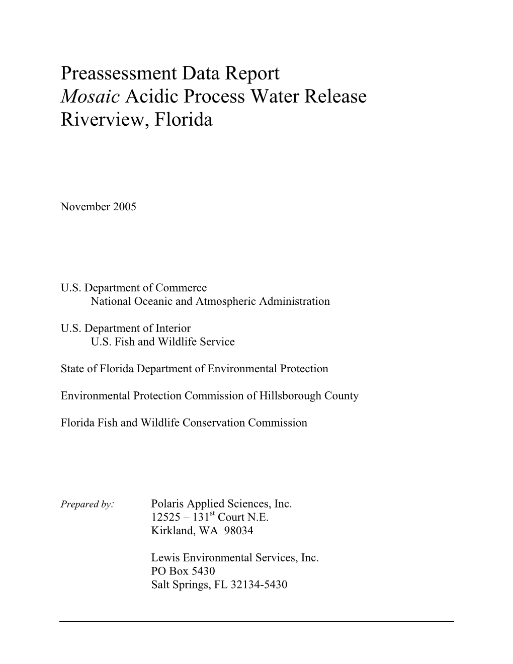 Preassessment Data Report Mosaic Acidic Process Water Release Riverview, Florida