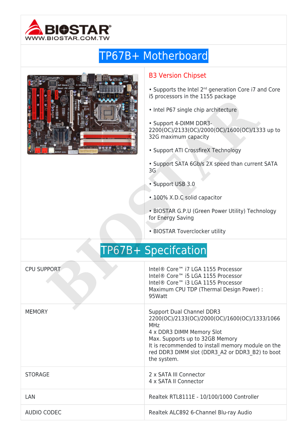 TP67B+ Motherboard TP67B+ Specifcation