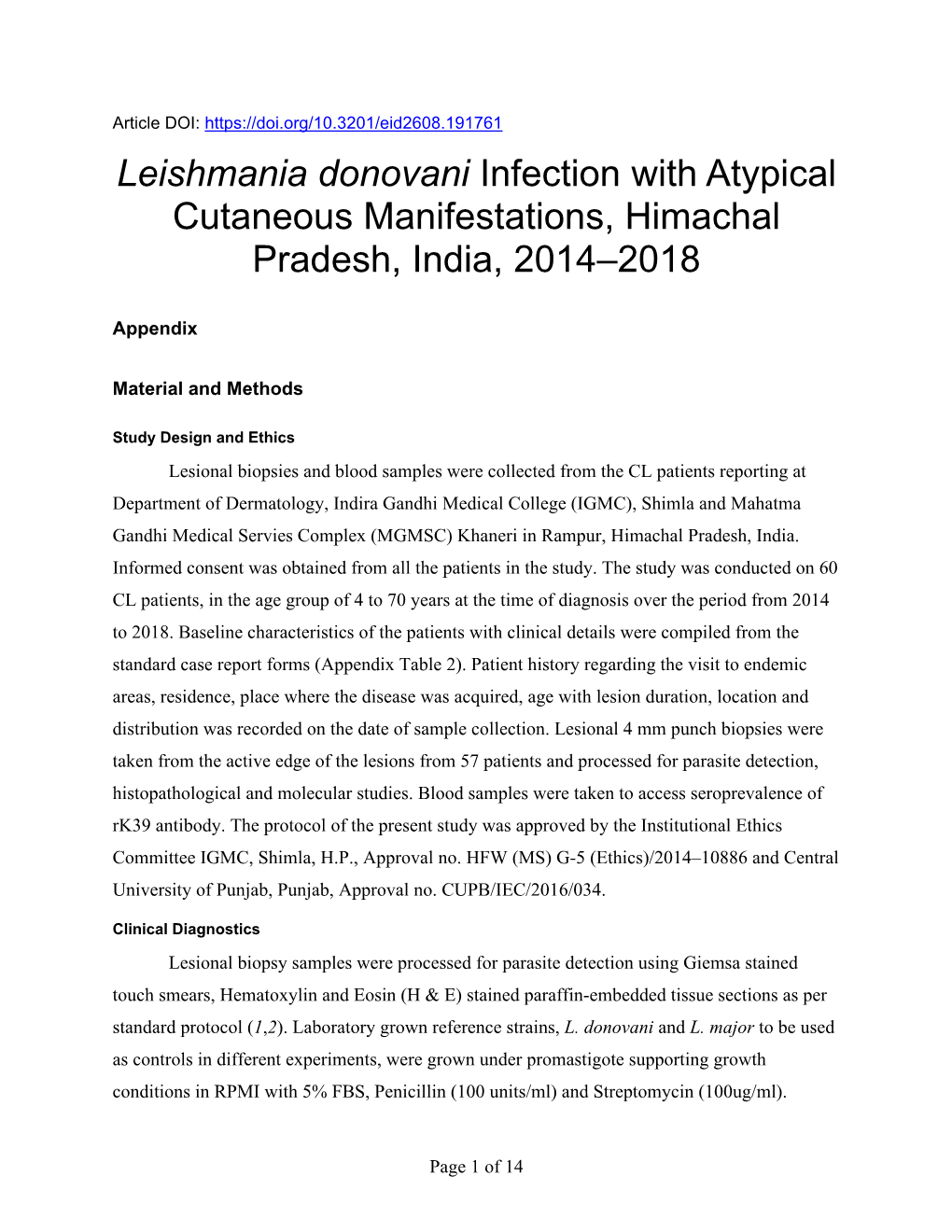 Leishmania Donovani Infection with Atypical Cutaneous Manifestations, Himachal Pradesh, India, 2014–2018