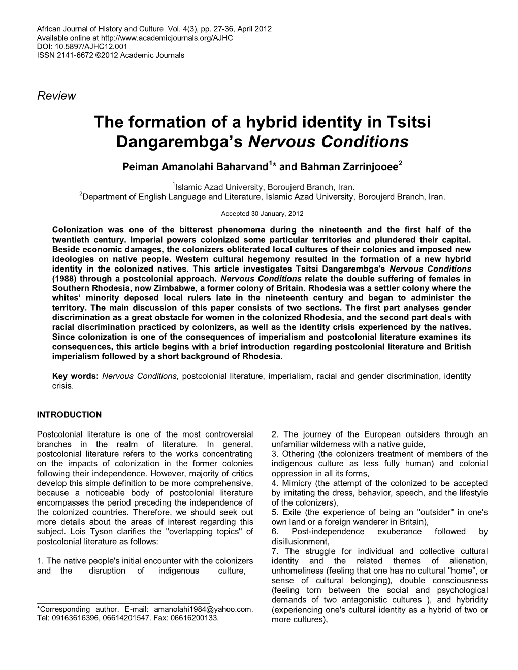 The Formation of a Hybrid Identity in Tsitsi Dangarembga's Nervous