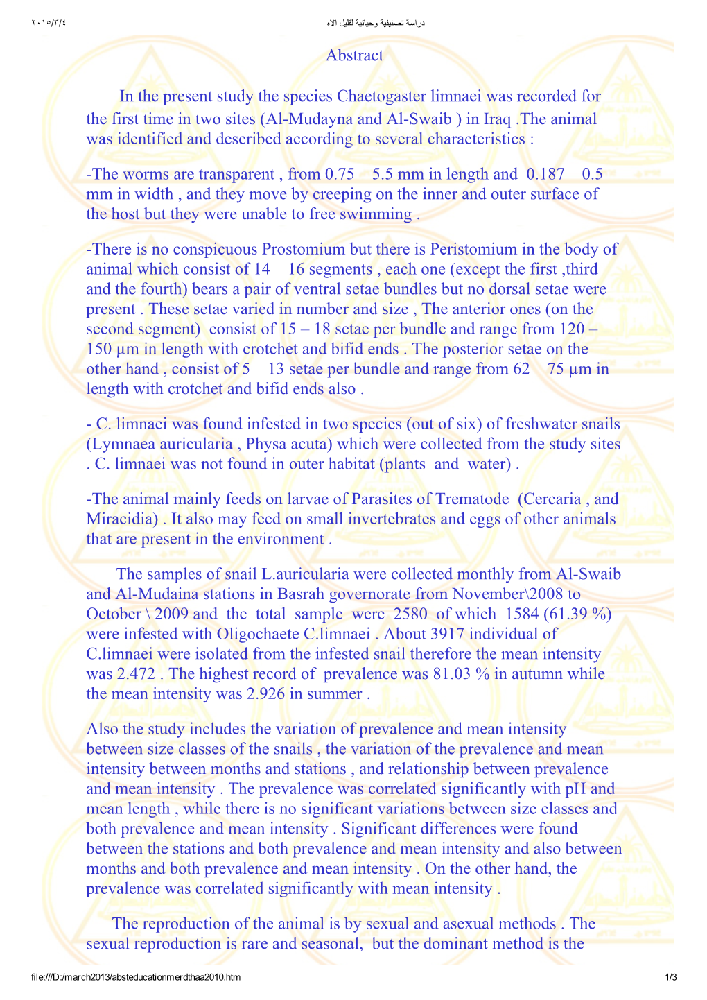 Abstract in the Present Study the Species Chaetogaster Limnaei Was