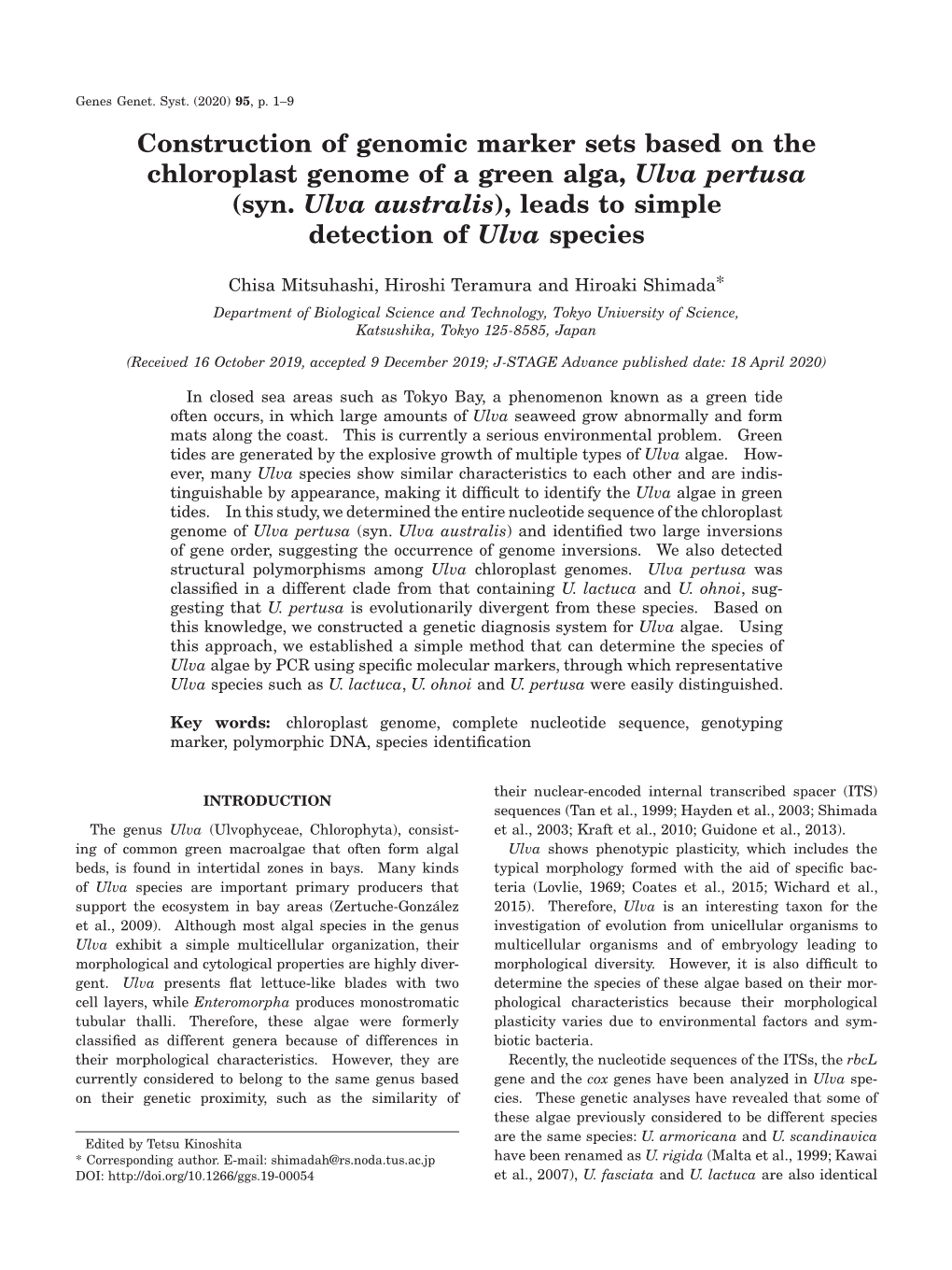 Construction of Genomic Marker Sets Based on the Chloroplast Genome of a Green Alga, Ulva Pertusa (Syn