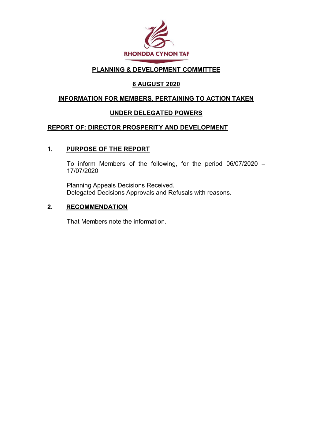 Planning & Development Committee 6 August 2020