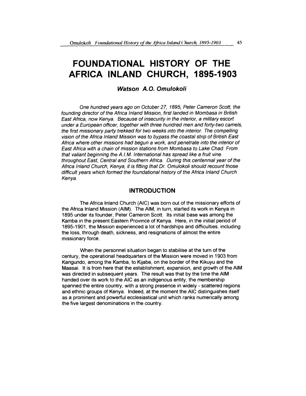 "Foundational History of the Africa Inland Church, 1895-1903," Africa