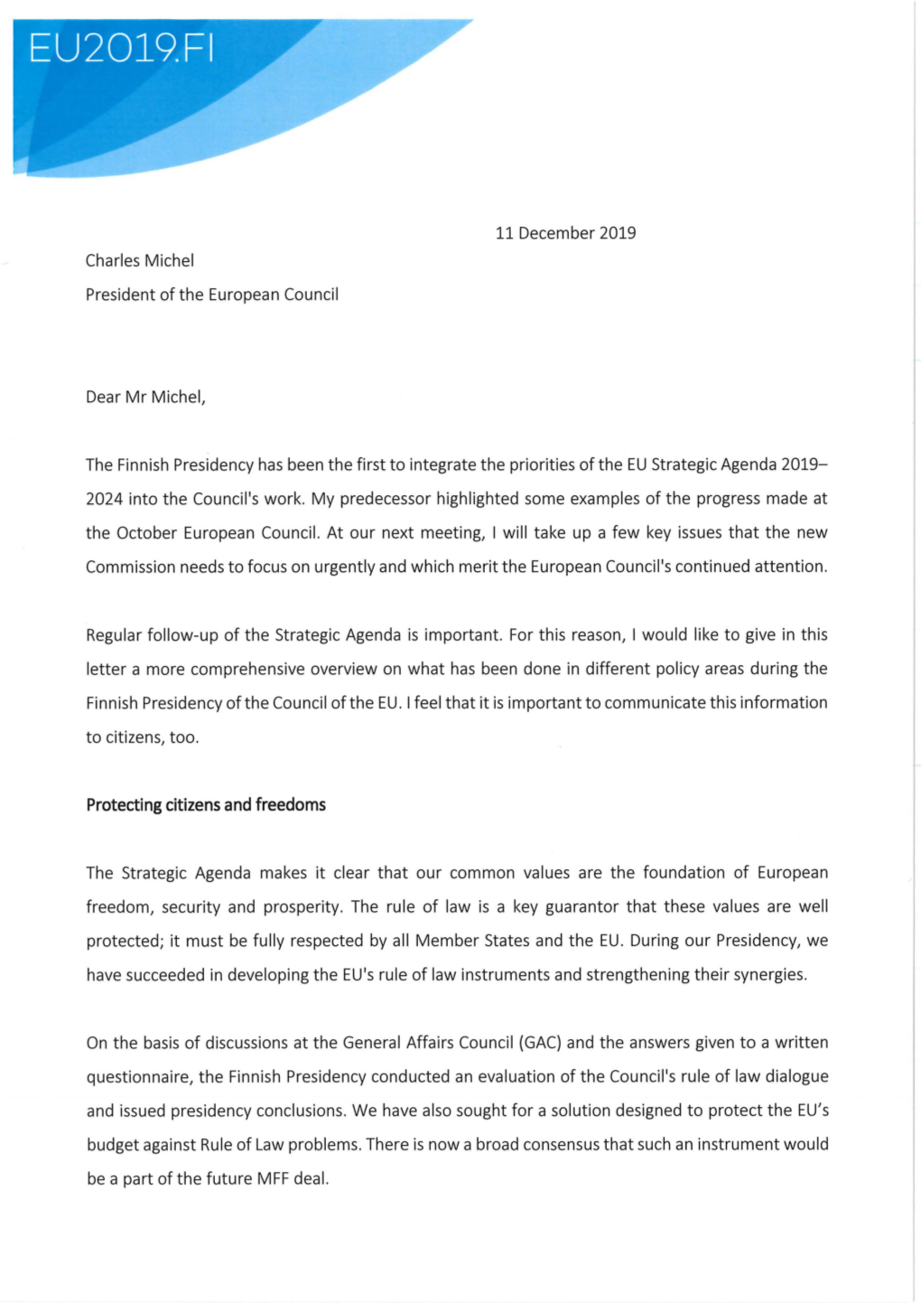 Prime Minister Marin's Letter to PEC Michel
