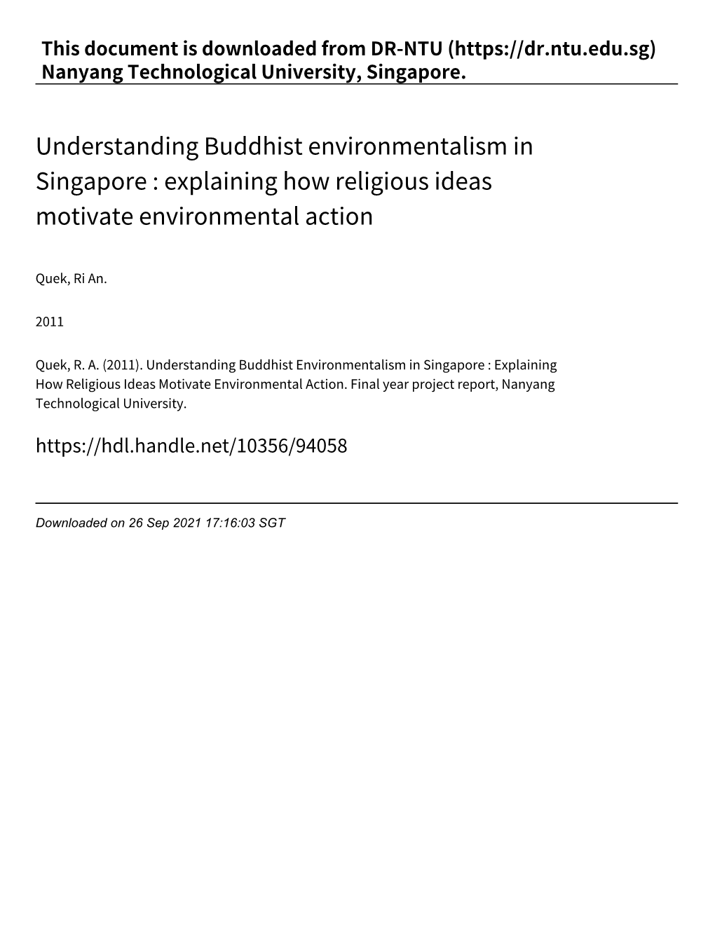 Understanding Buddhist Environmentalism in Singapore : Explaining How Religious Ideas Motivate Environmental Action
