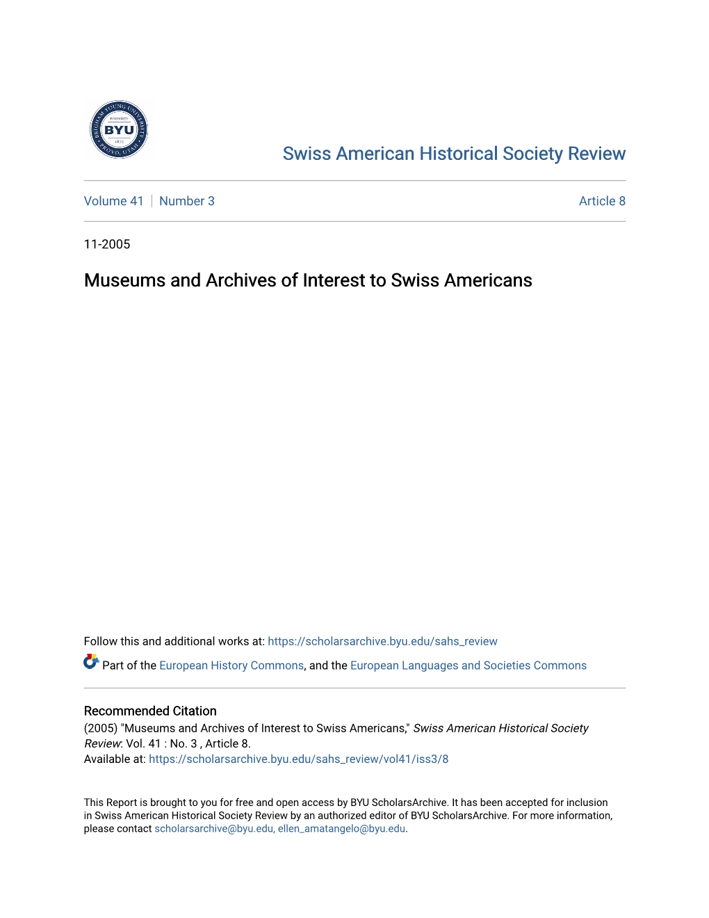 Museums and Archives of Interest to Swiss Americans