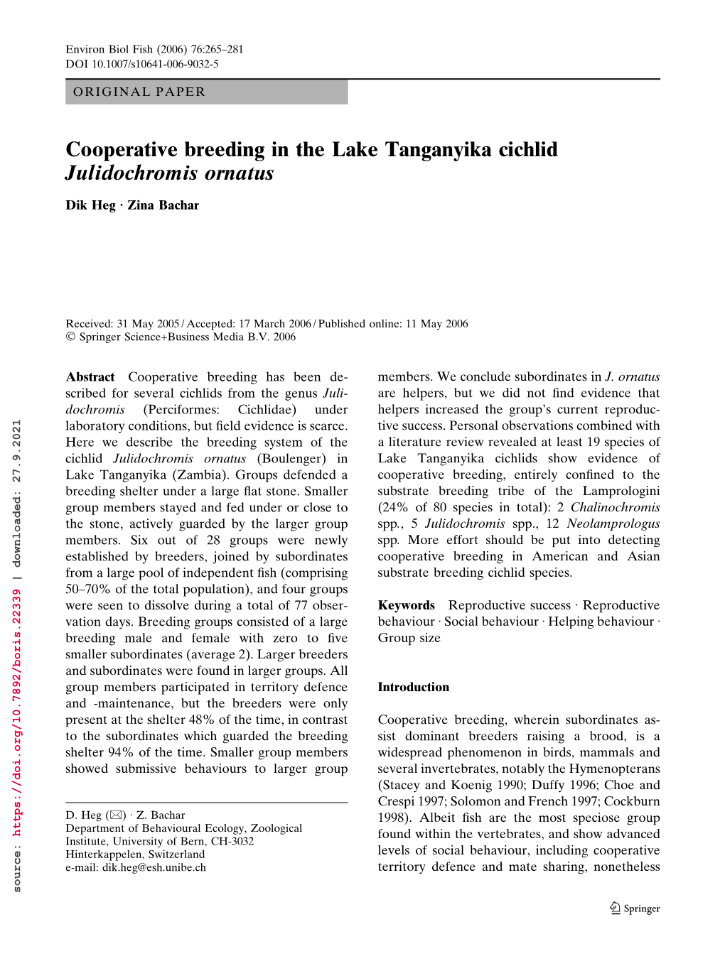 Cooperative Breeding in the Lake Tanganyika Cichlid Julidochromis