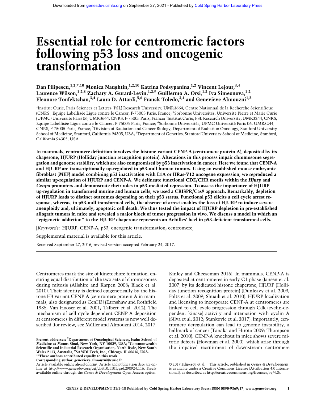 Essential Role for Centromeric Factors Following P53 Loss and Oncogenic Transformation