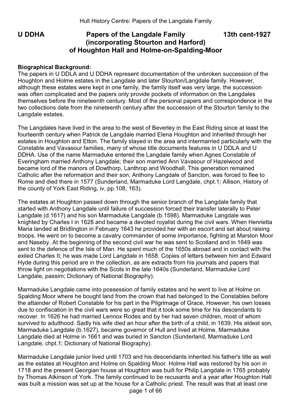 U DDHA Papers of the Langdale Family 13Th Cent-1927 (Incorporating Stourton and Harford) of Houghton Hall and Holme-On-Spalding-Moor