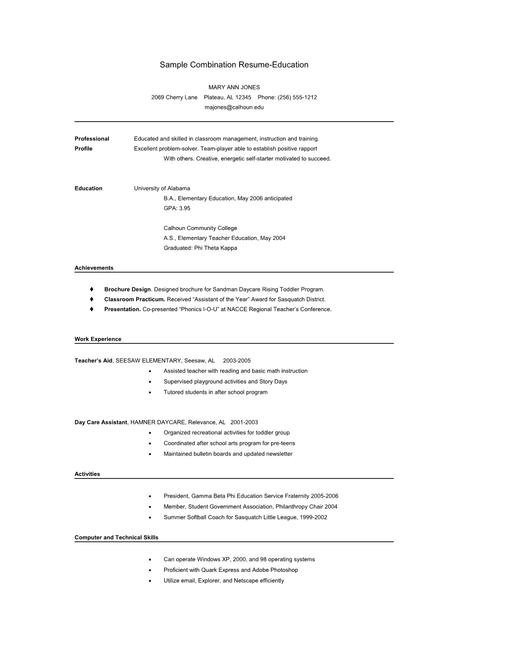 Sample Combination Resume-Education