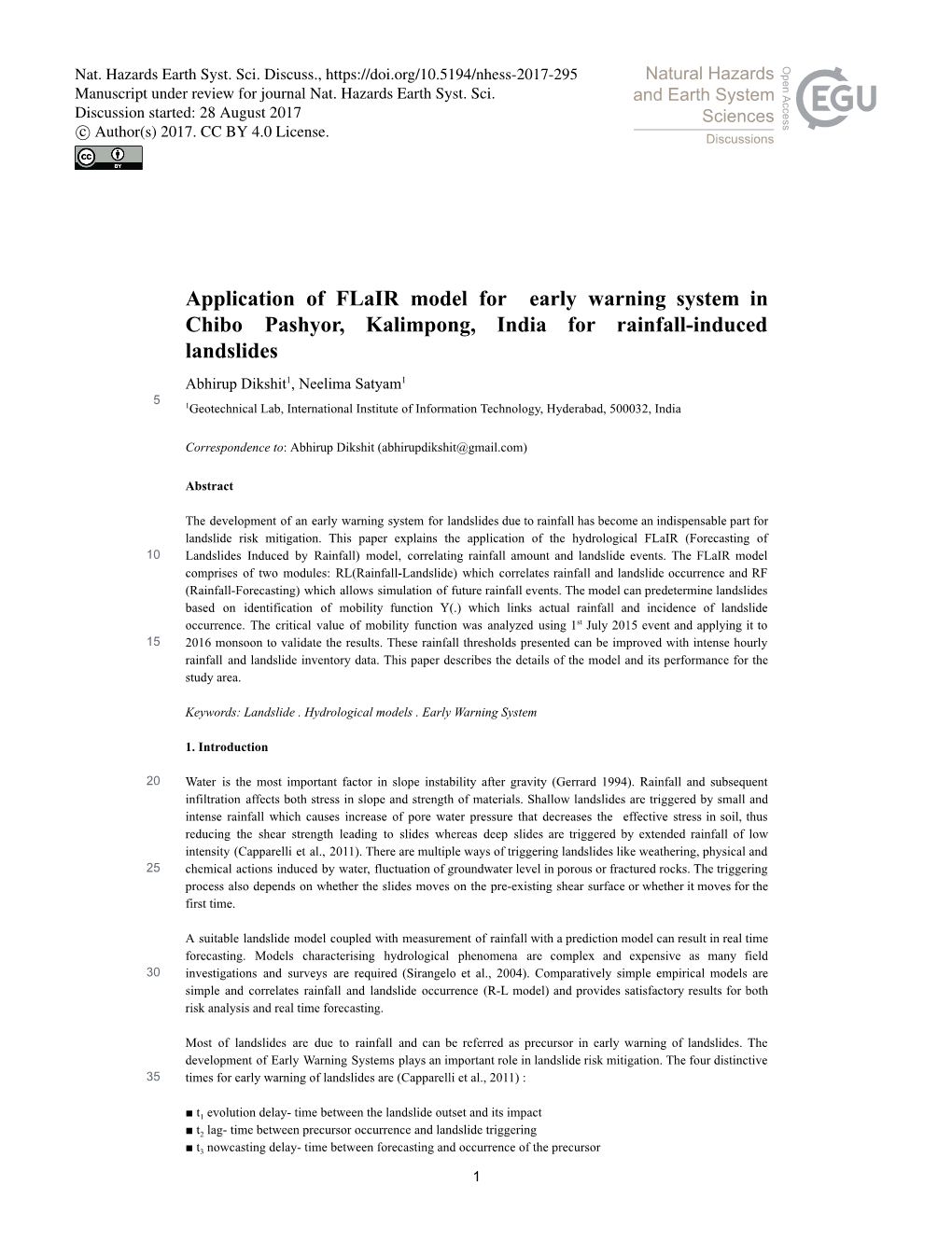 Application of Flair Model for Early Warning System in Chibo Pashyor, Kalimpong, India for Rainfall-Induced Landslides