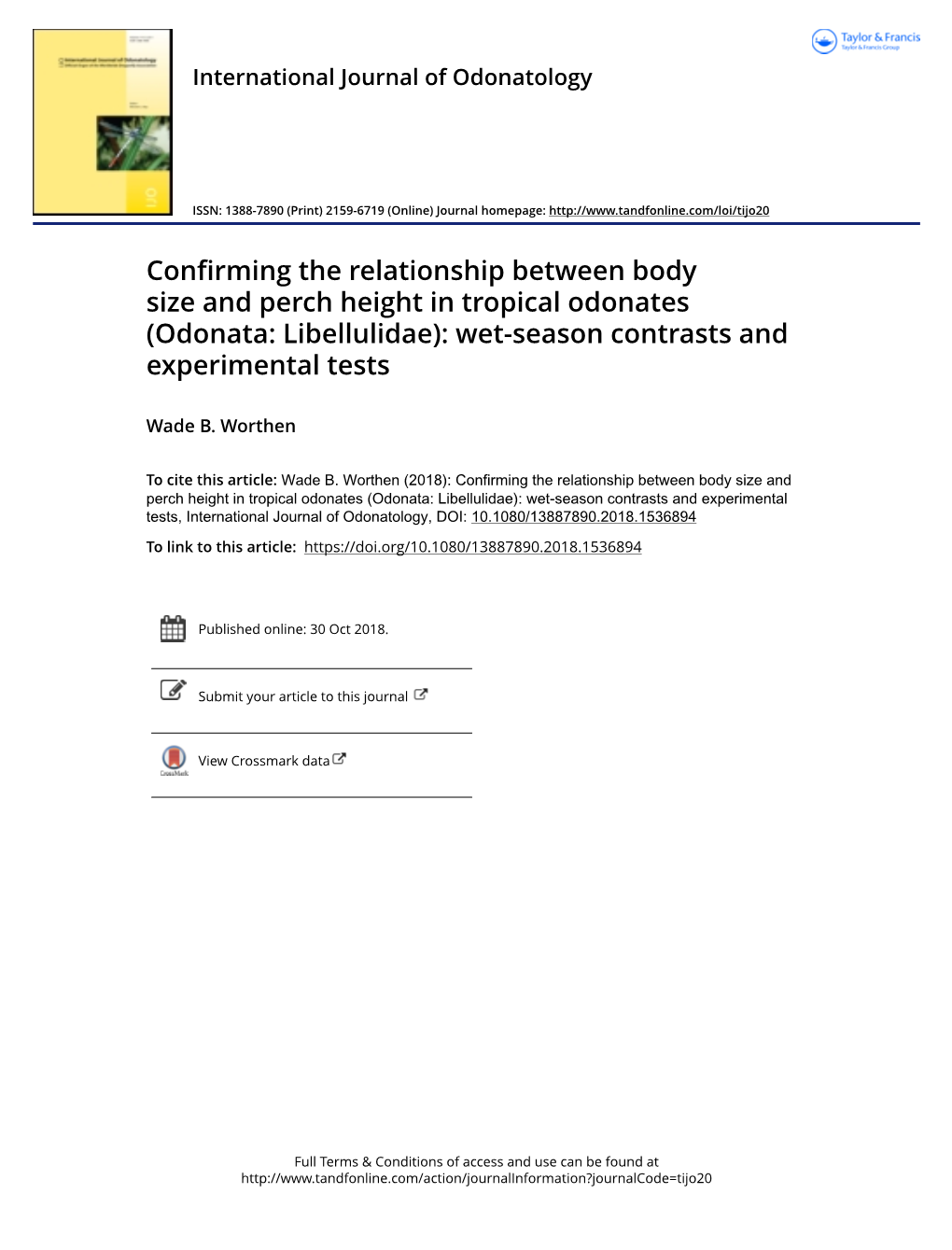 Confirming the Relationship Between Body Size and Perch Height in Tropical Odonates (Odonata: Libellulidae): Wet-Season Contrasts and Experimental Tests