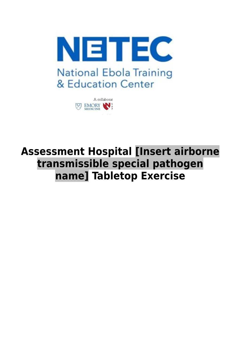 Assessment Hospital Insert Airborne Transmissible Special Pathogen Name Tabletop Exercise