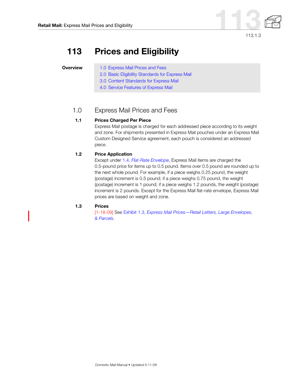 DMM 113 Express Mail Prices and Eligibility for Retail Letters, Flats