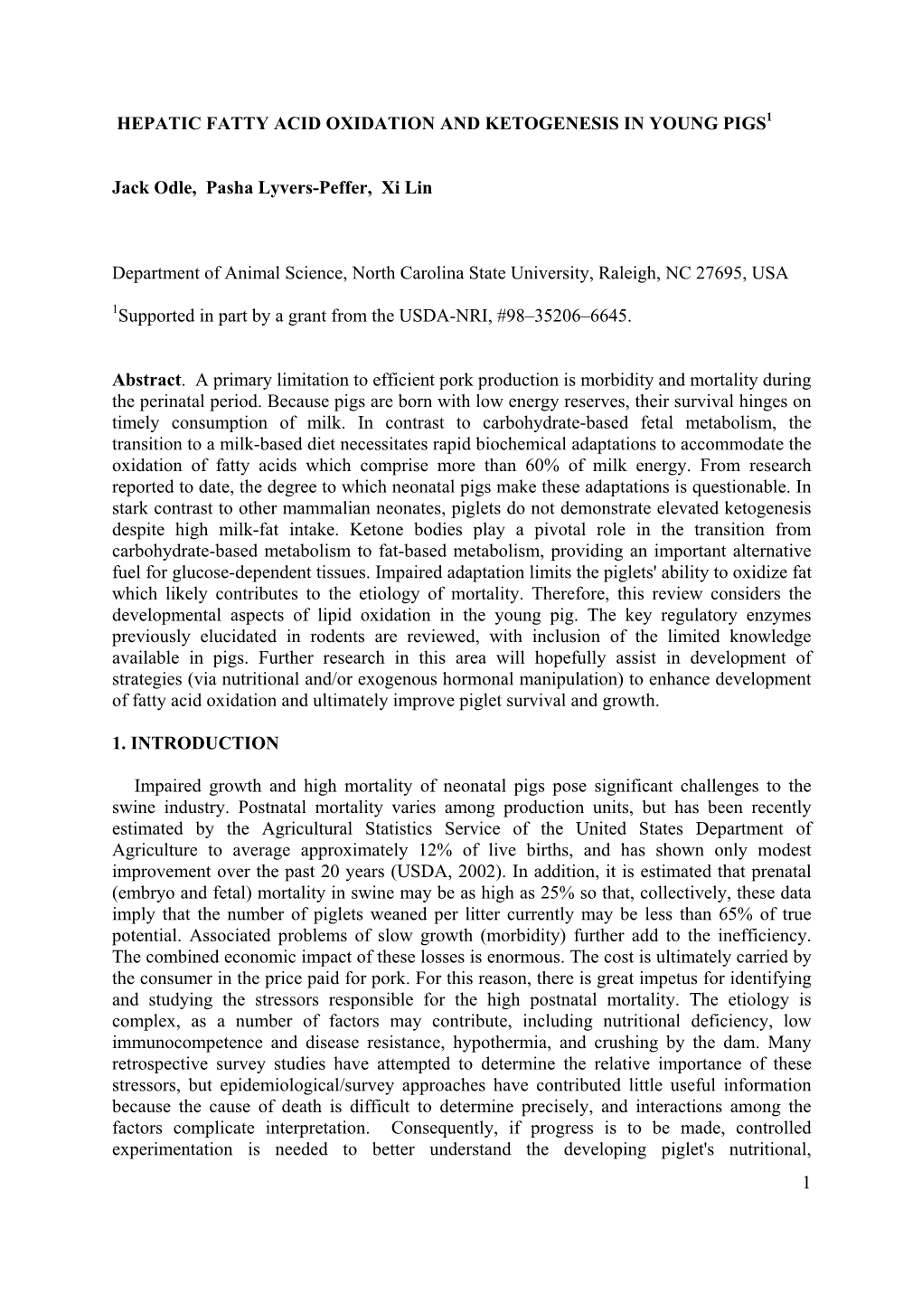 1 Hepatic Fatty Acid Oxidation and Ketogenesis in Young