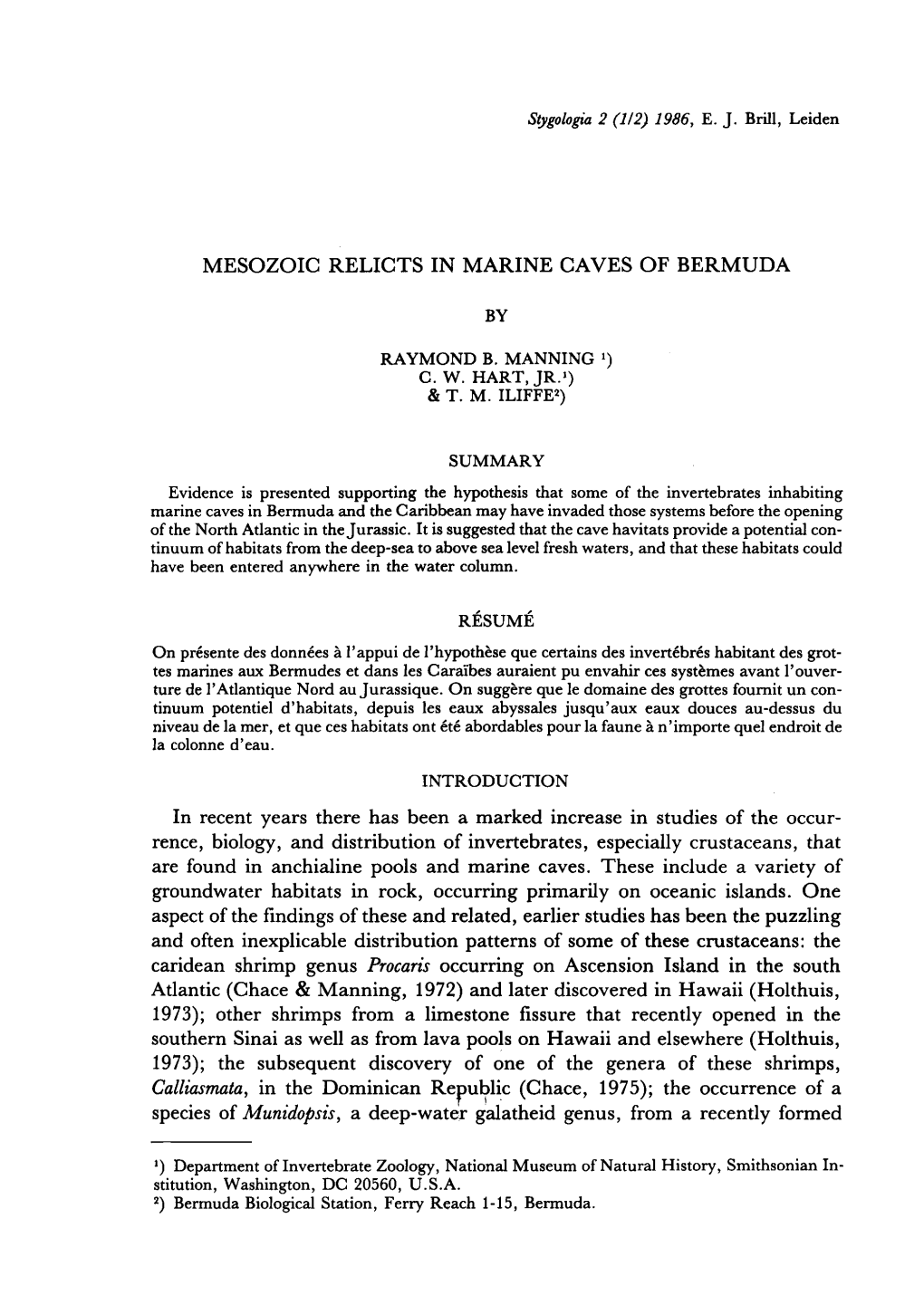 MESOZOIC RELICTS in MARINE CAVES of BERMUDA in Recent