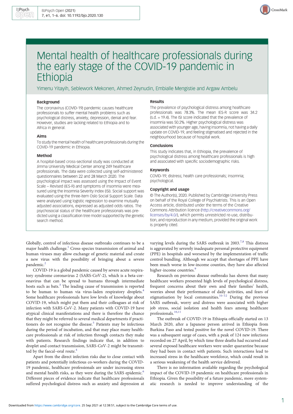 Mental Health of Healthcare Professionals During the Early Stage