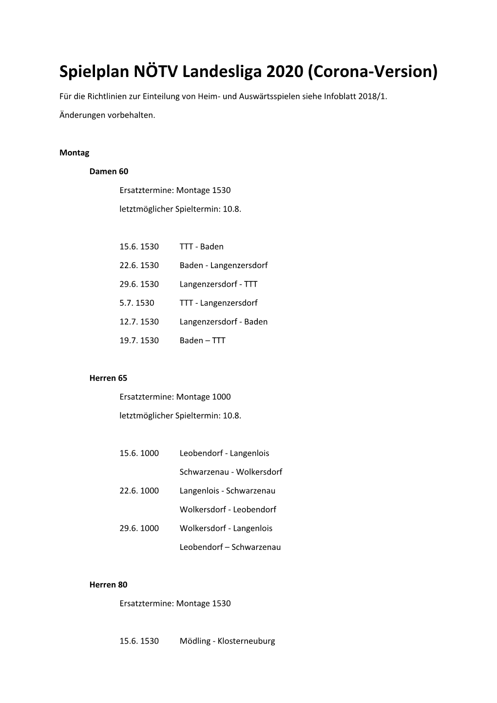 Spielplan NÖTV Landesliga 2020 (Corona-Version)