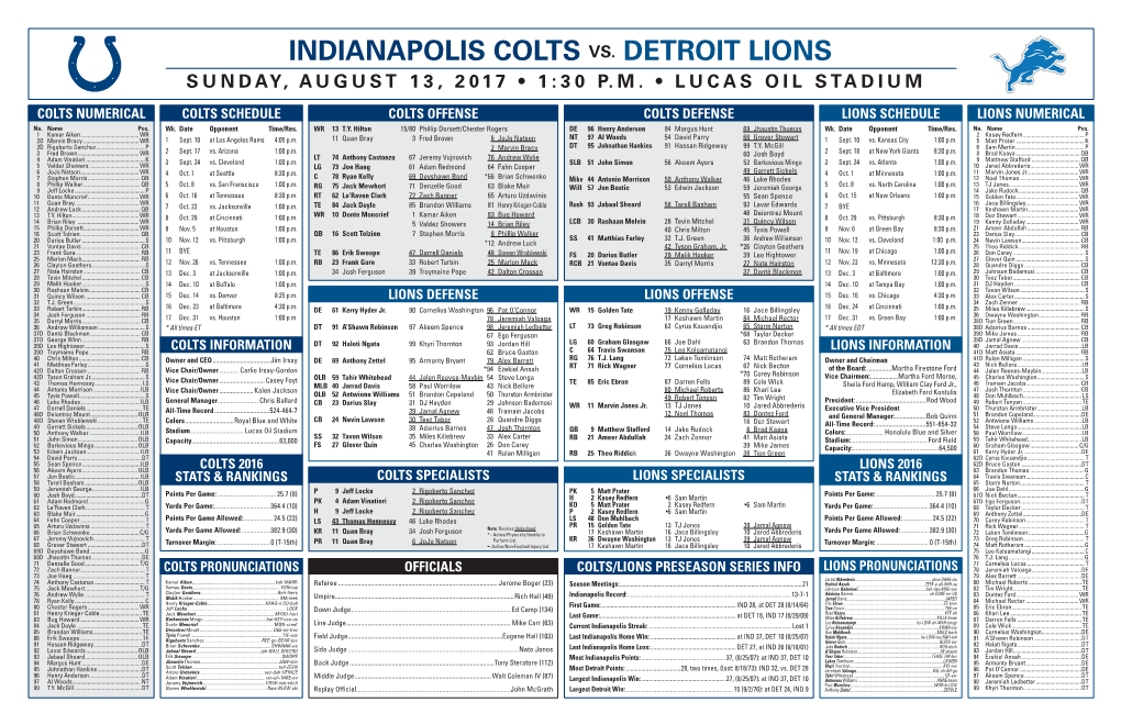 Indianapolis Colts Vs. Detroit Lions Sunday, August 13, 2017 • 1:30 P.M