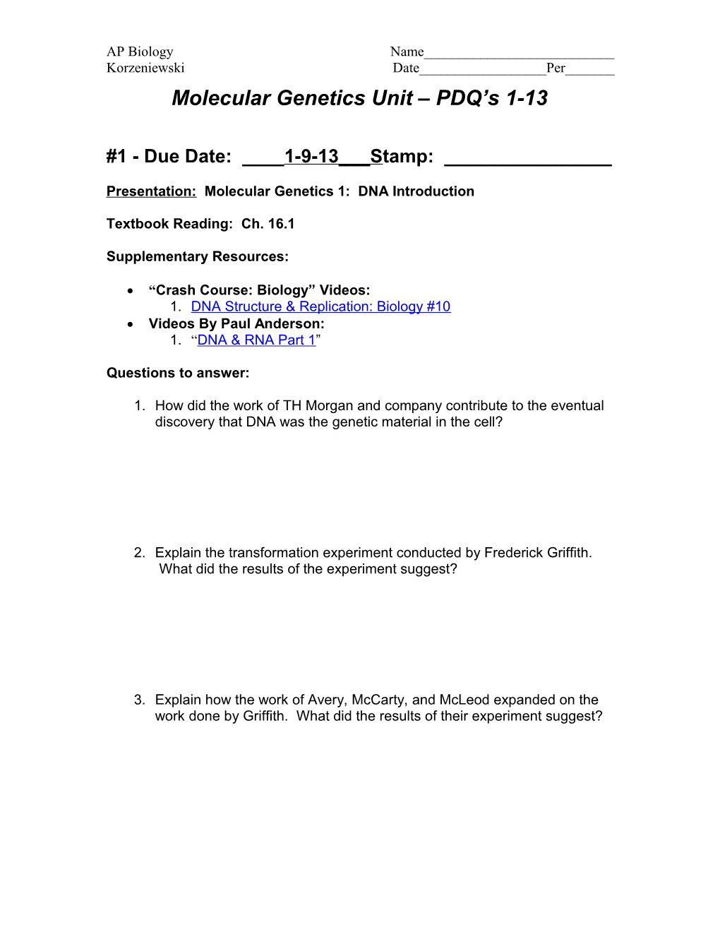 Molecular Genetics Unit PDQ S 1-13