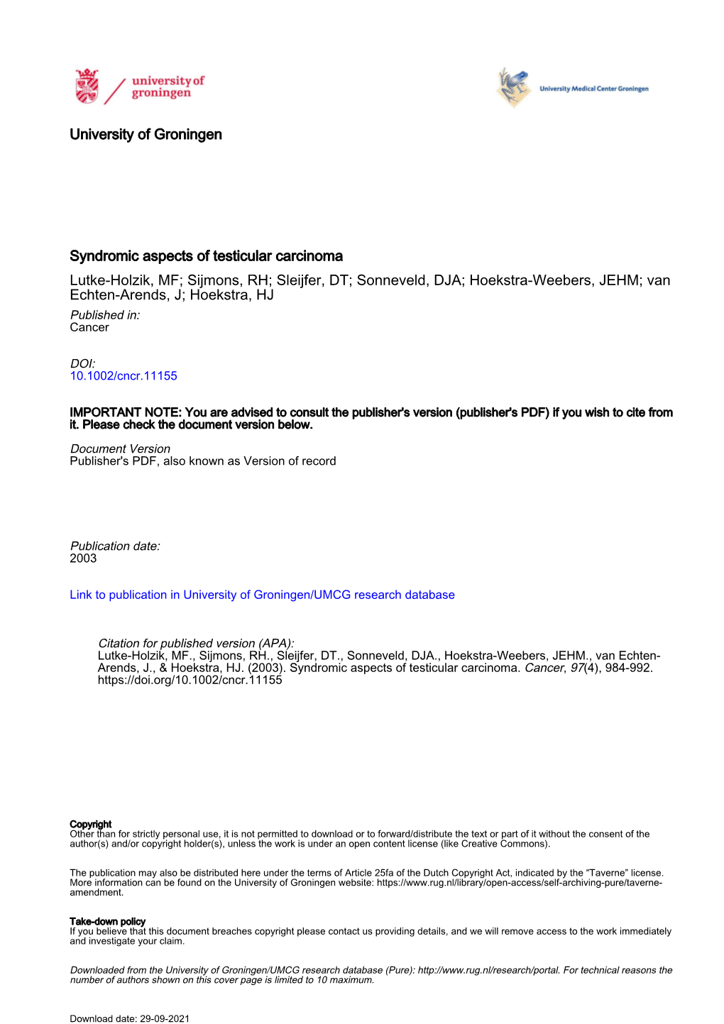 Syndromic Aspects of Testicular Carcinoma