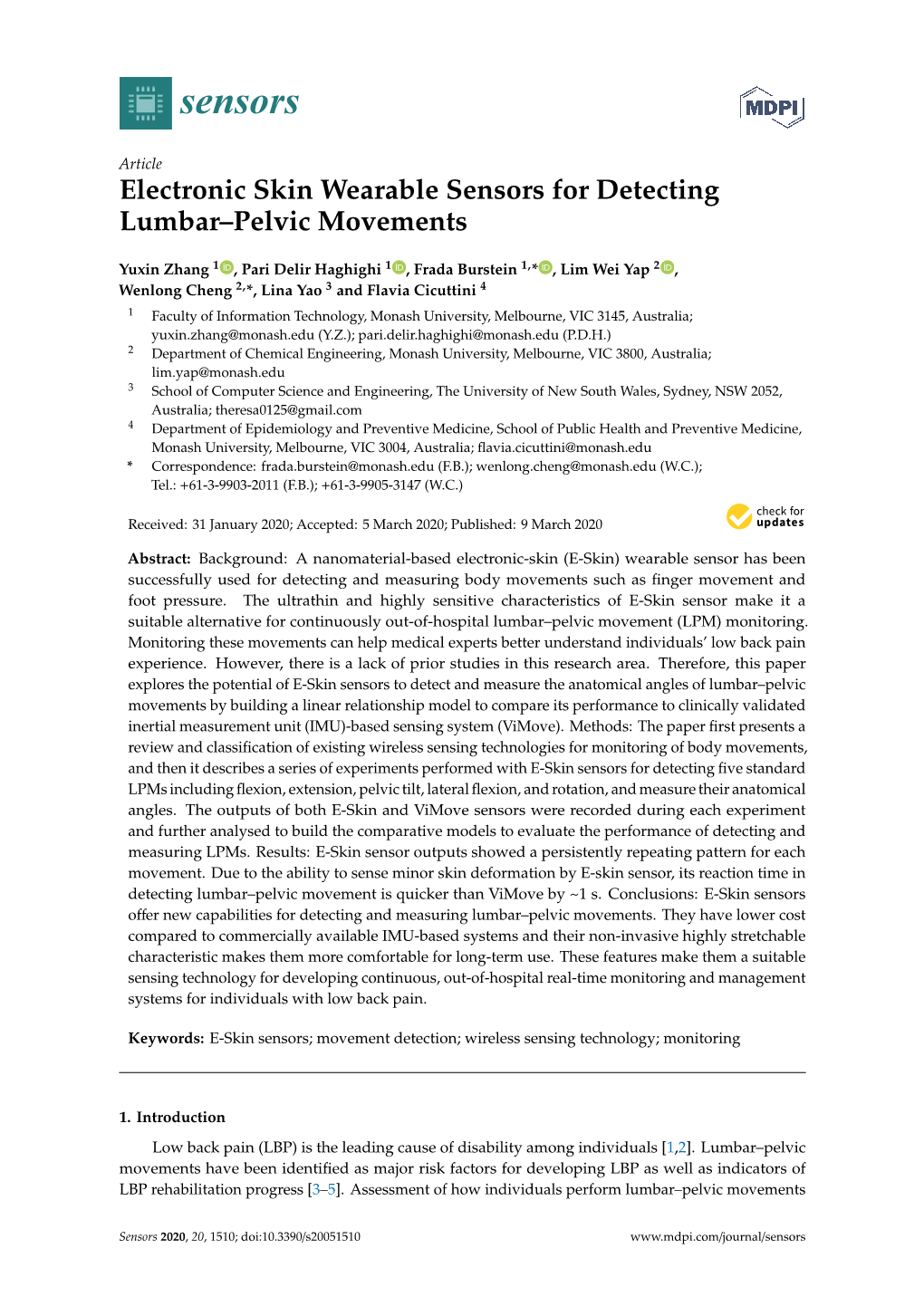 Electronic Skin Wearable Sensors for Detecting Lumbar–Pelvic Movements