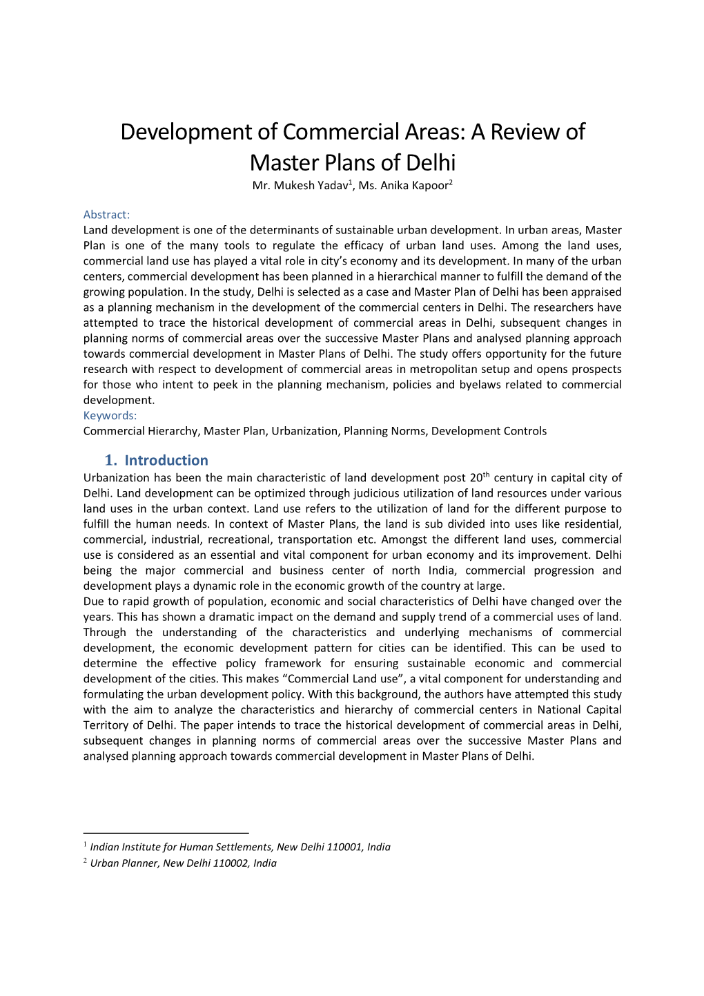 Development of Commercial Areas: a Review of Master Plans of Delhi Mr