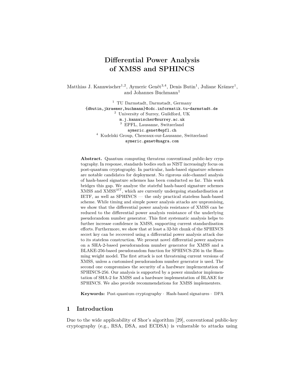Differential Power Analysis of XMSS and SPHINCS
