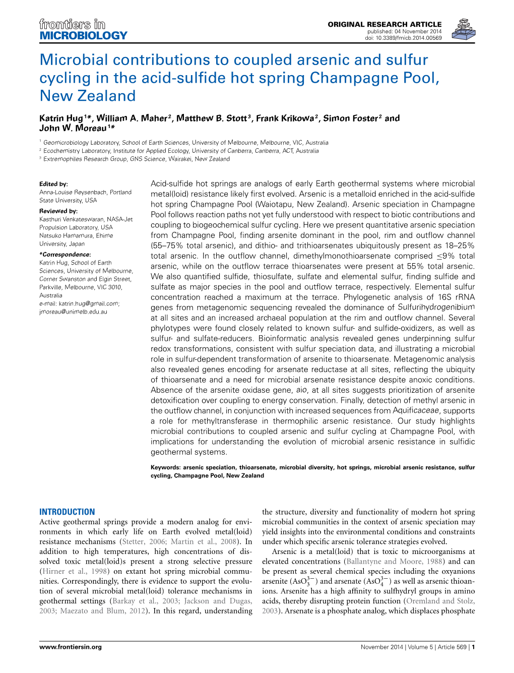 Microbial Contributions to Coupled Arsenic and Sulfur Cycling in the Acid-Sulﬁde Hot Spring Champagne Pool, New Zealand