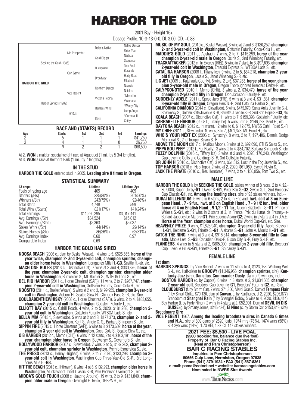 HARBOR the GOLD 2001 Bay - Height 16+ Dosage Profile: 10-3-13-0-0; DI: 3.00; CD: +0.88 Native Dancer MUSIC of MY SOUL (2010 C., Basket Weave)