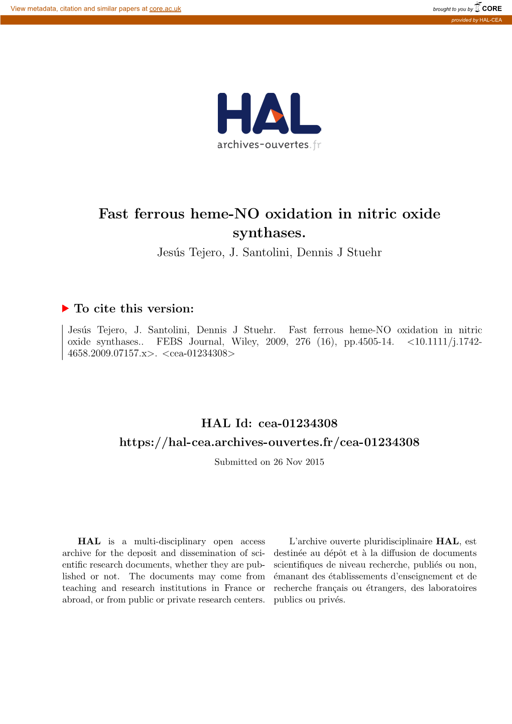 Fast Ferrous Heme-NO Oxidation in Nitric Oxide Synthases. Jes´Ustejero, J