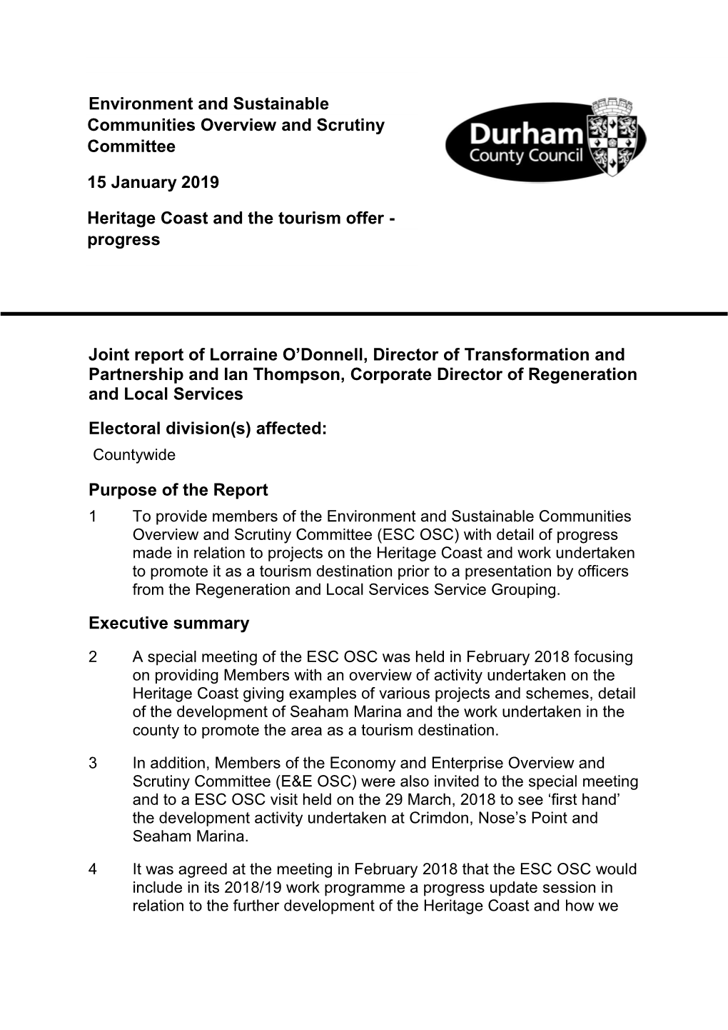 Environment and Sustainable Communities Overview and Scrutiny Committee 15 January 2019 Heritage Coast and the Tourism Offer