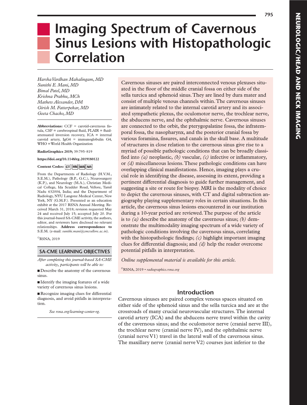 Imaging Spectrum of Cavernous Sinus Lesions with Histopathologic