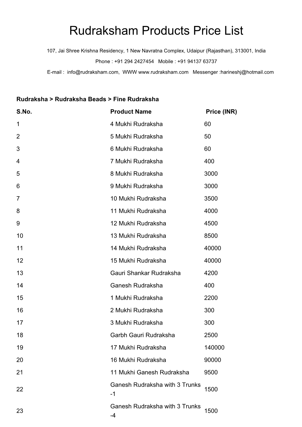 Rudraksham Products Price List