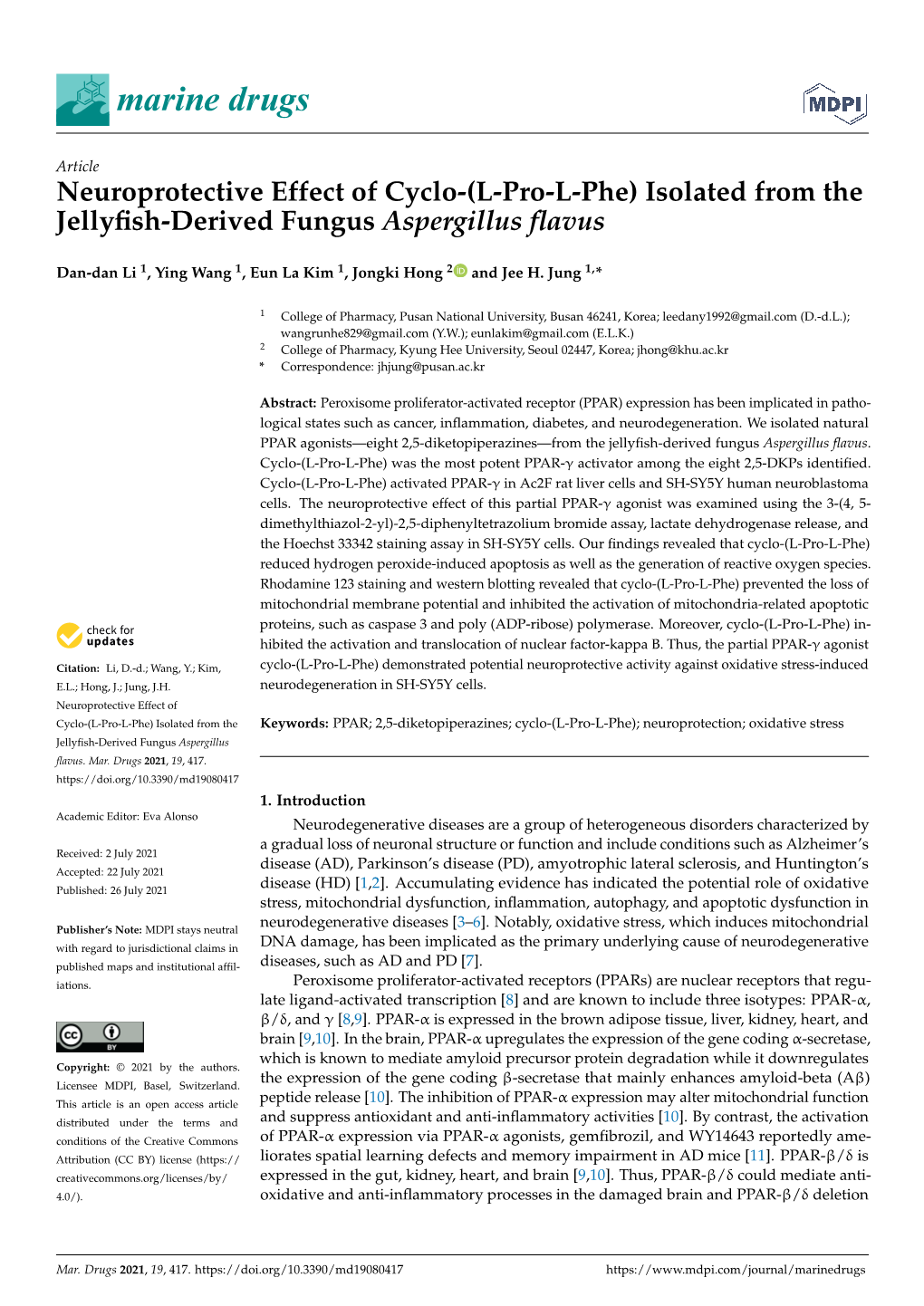 Neuroprotective Effect of Cyclo-(L-Pro-L-Phe) Isolated from the Jellyfish-Derived Fungus Aspergillus Flavus