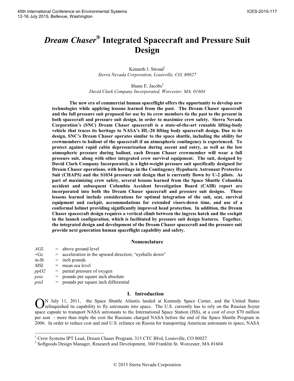 Dream Chaser Integrated Spacecraft and Pressure Suit Design