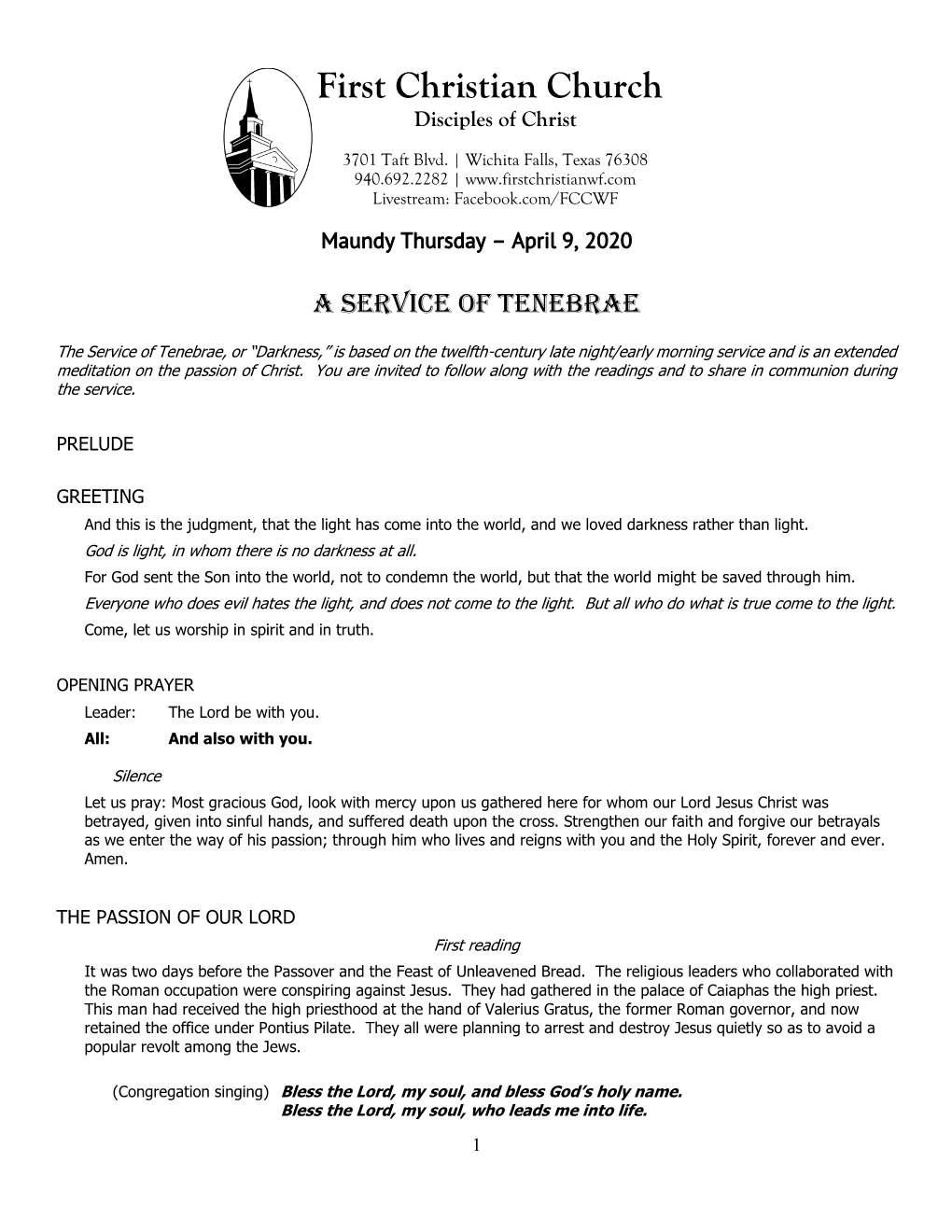 Maundy Thursday 2020 Tenebrae Bulletin