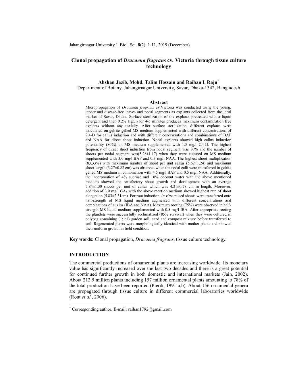 Clonal Propagation of Dracaena Fragrans Cv. Victoria Through Tissue Culture Technology