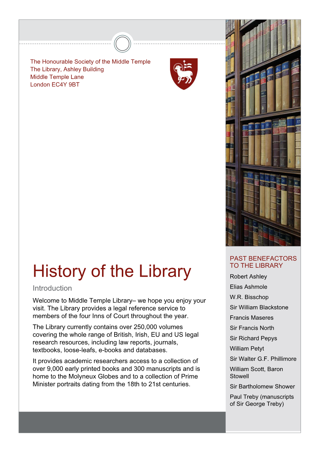 History of the Library Robert Ashley Introduction Elias Ashmole W.R