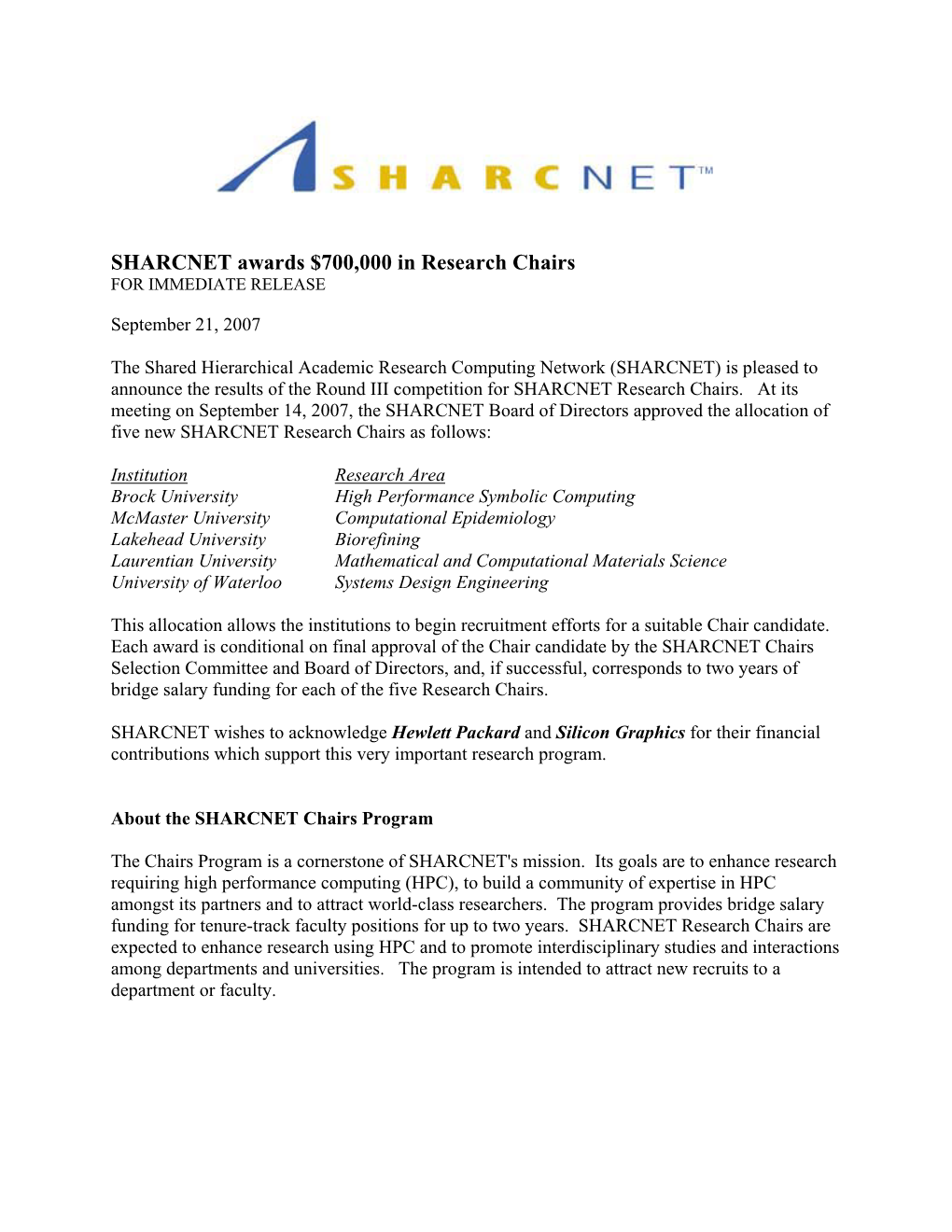 SHARCNET Awards $700,000 in Research Chairs for IMMEDIATE RELEASE