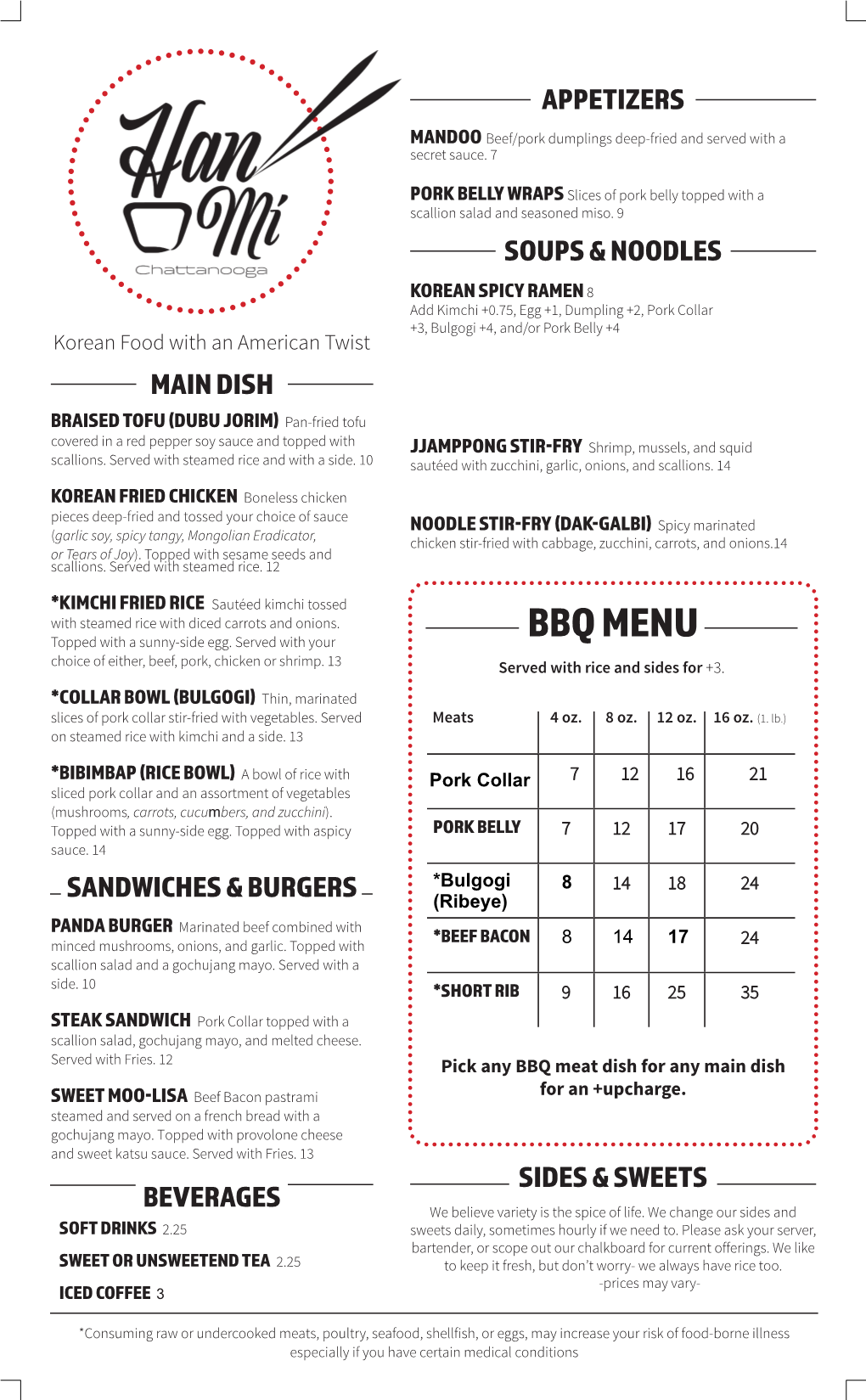 BBQ MENU Choice of Either, Beef, Pork, Chicken Or Shrimp
