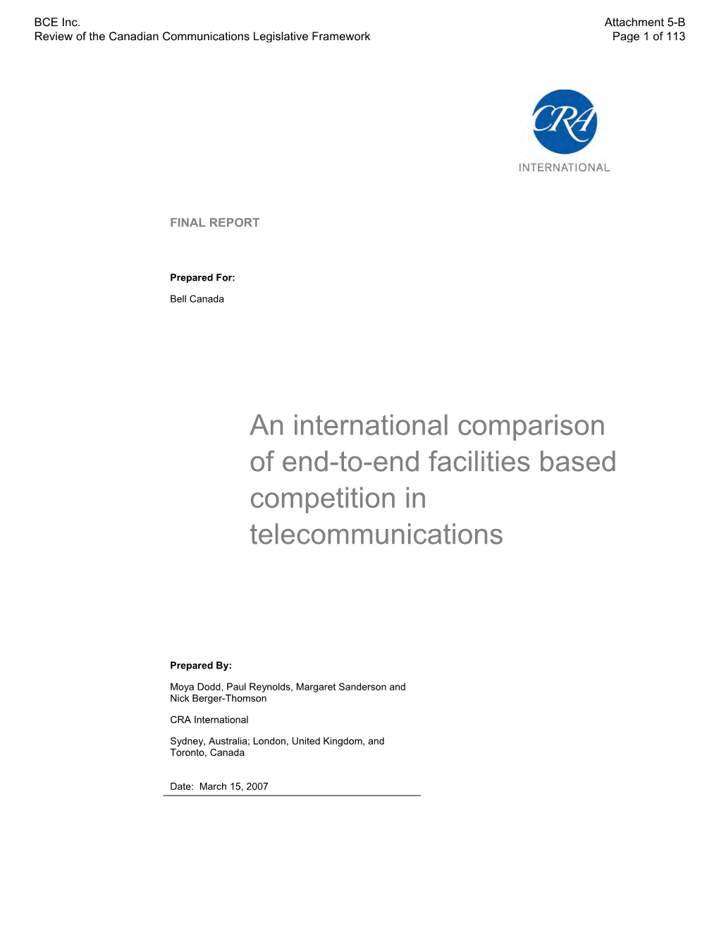 BCE Inc.: an International Comparison of End-To-End Facilities Based