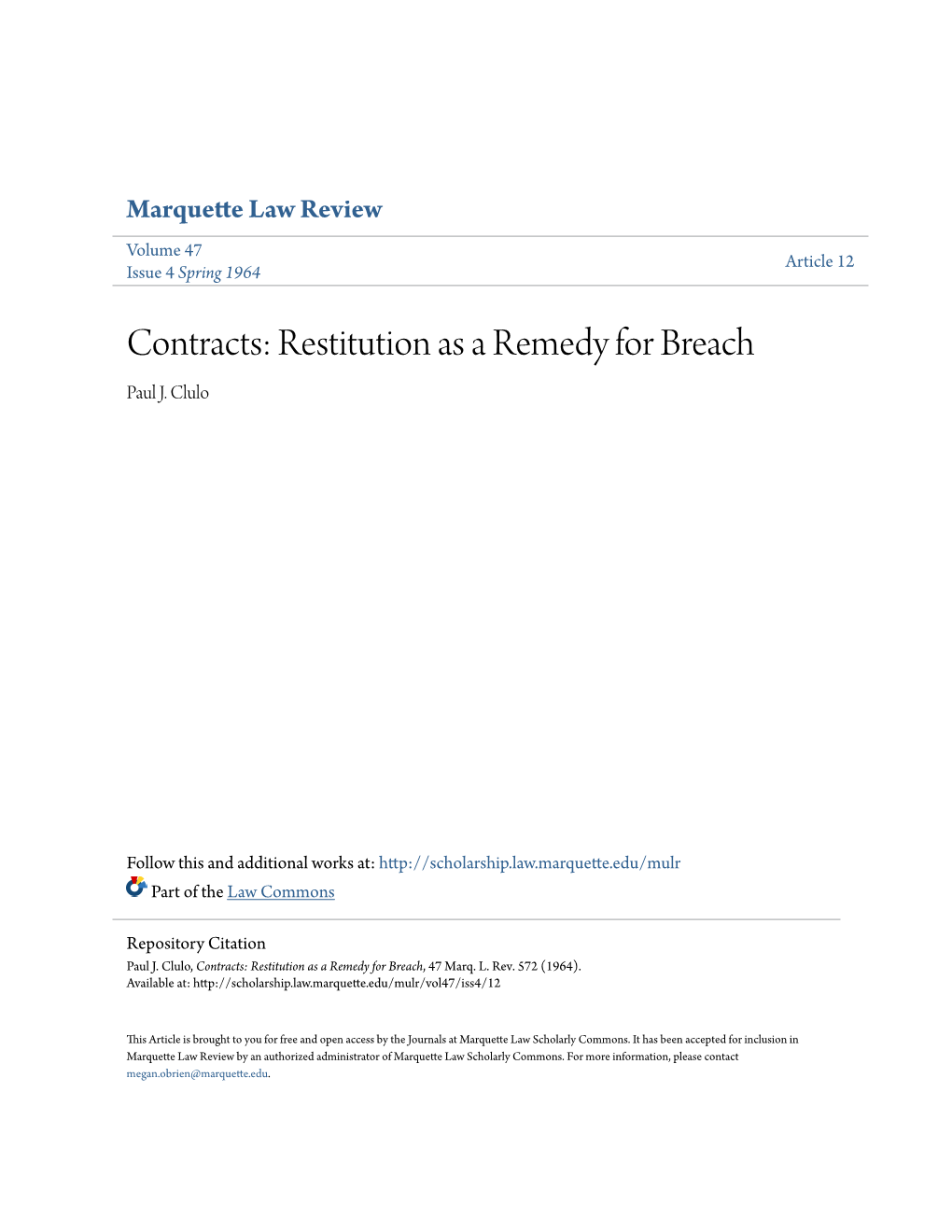 Contracts: Restitution As a Remedy for Breach Paul J