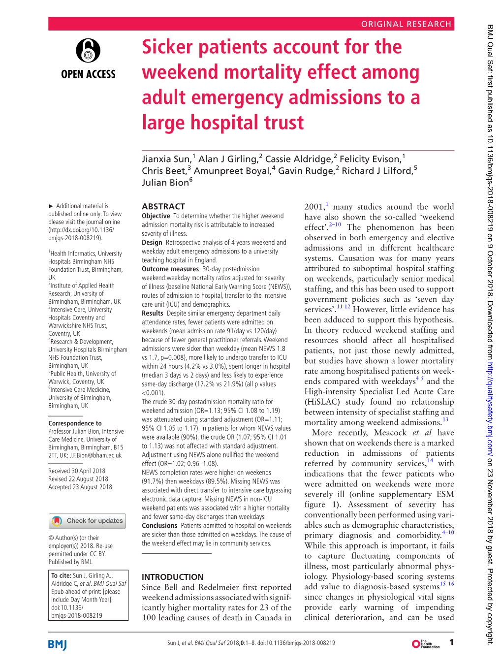 Sicker Patients Account for the Weekend Mortality Effect Among Adult Emergency Admissions to a Large Hospital Trust
