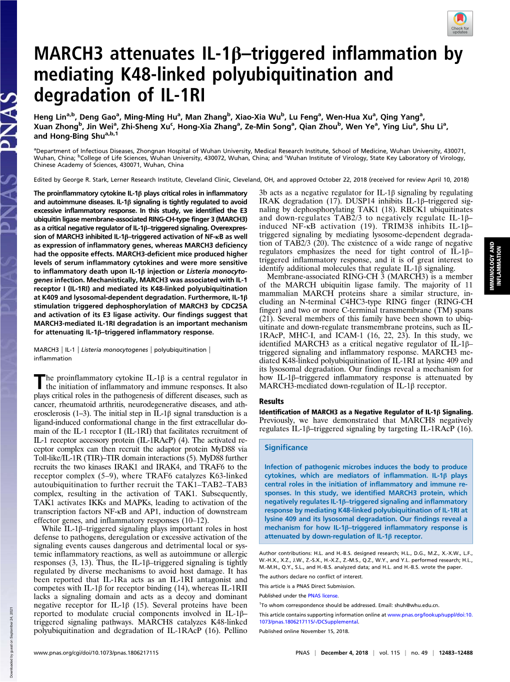 MARCH3 Attenuates IL-1Β–Triggered Inflammation by Mediating K48-Linked Polyubiquitination and Degradation of IL-1RI