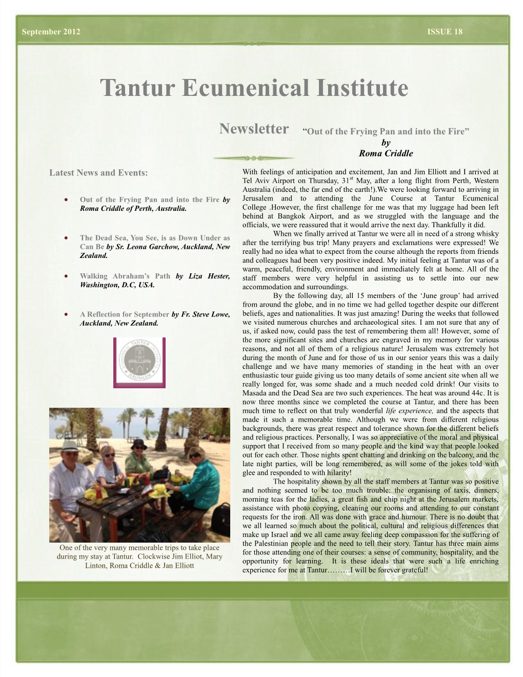 Tantur Ecumenical Institute Newsletter