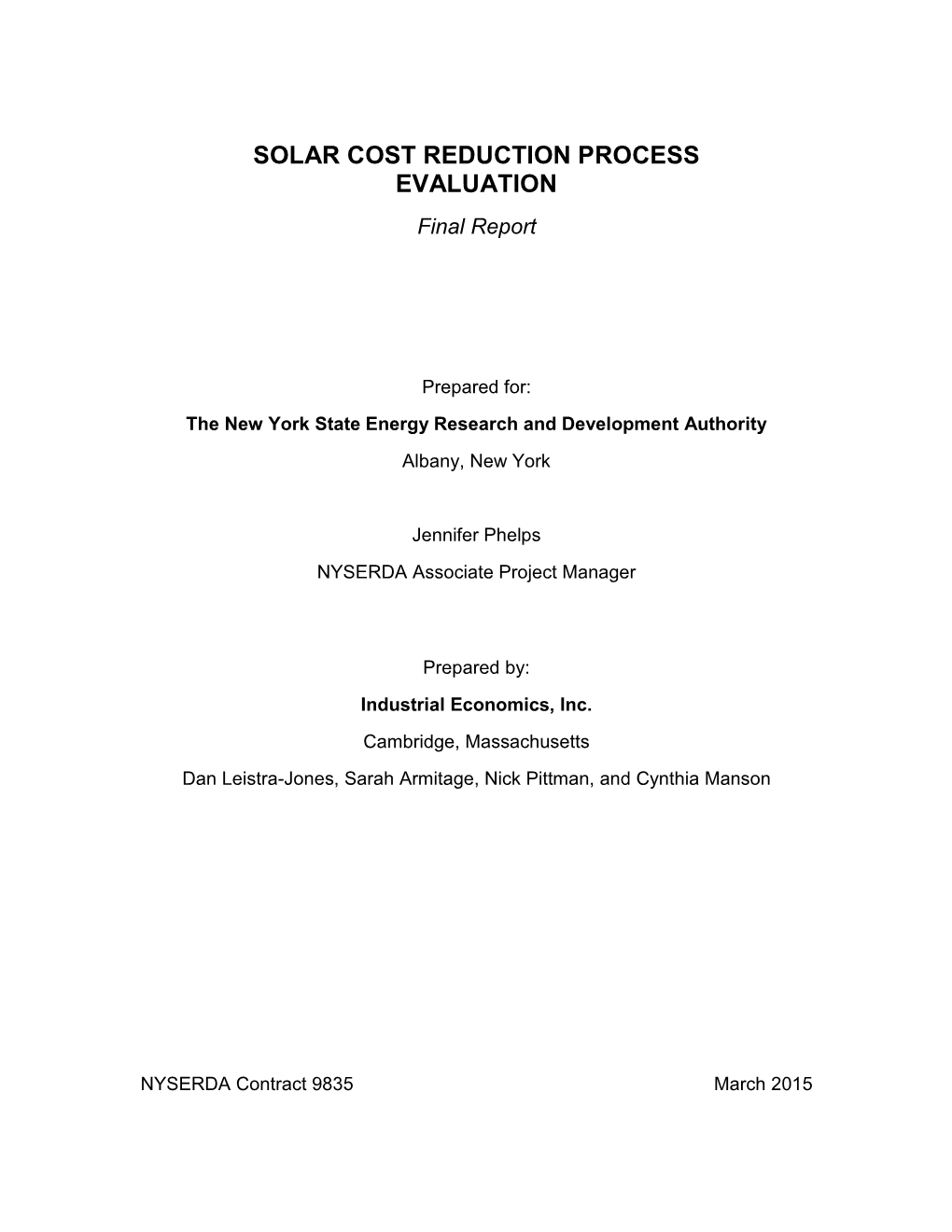 SOLAR COST REDUCTION PROCESS EVALUATION Final Report